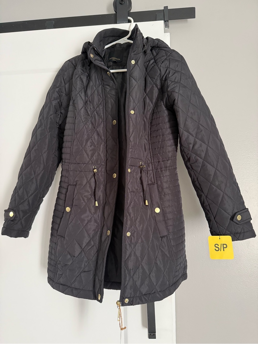 Weatherproof Quilted Black Mid-Length Puffer Coat with Hood